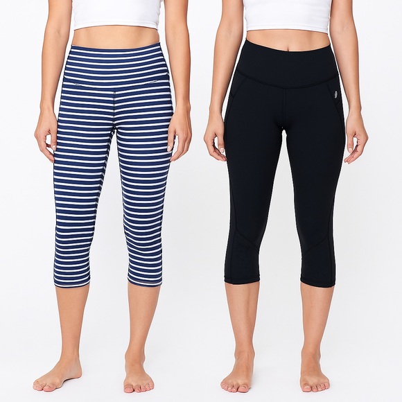 Athleta Chaturanga Legging Bundle Crop Blue Stripe and Black Perforated Small - Picture 1 of 7